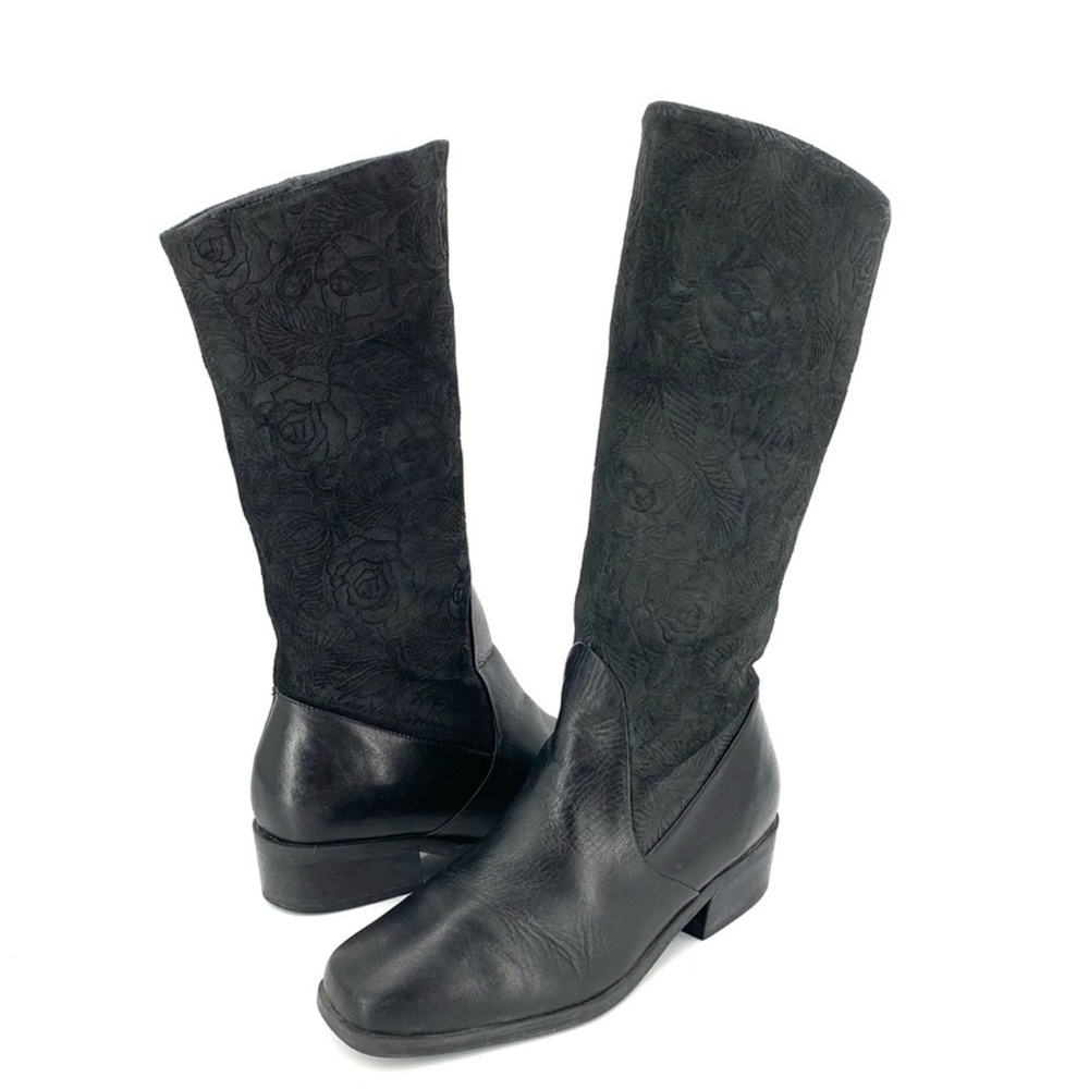 Markon Suela Leather Black Calf-High Rose Embossed Floral Shaft Women's Boots